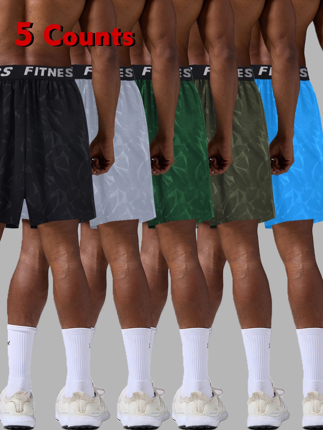 5Pcs Quick-Dry & Breathable Athletic Casual Elastic Waistband Shorts with Geometric Print Summer Sports Wear for Men
