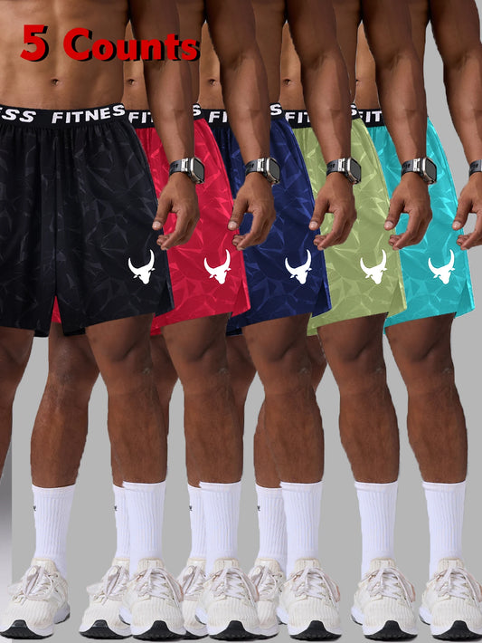 5Pcs Quick-Dry & Breathable Athletic Casual Elastic Waistband Shorts with Geometric Print Summer Sports Wear for Men