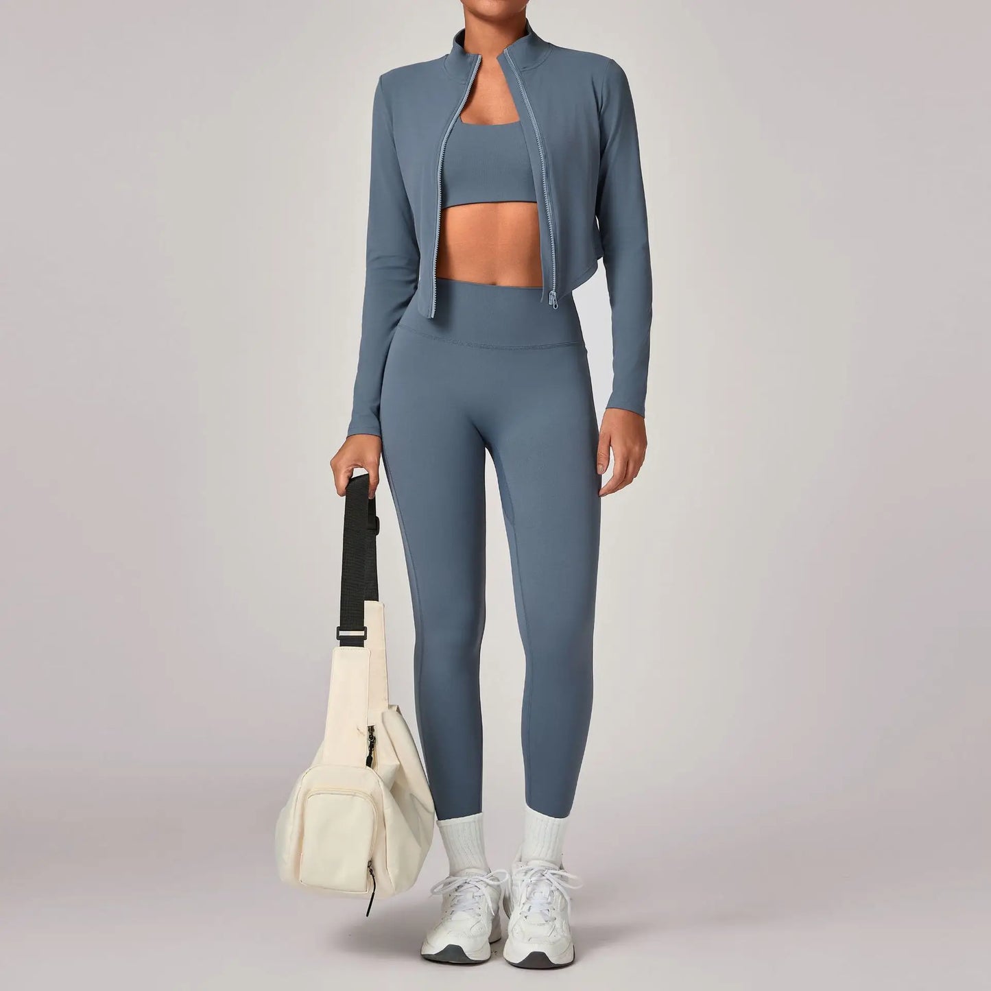 Women's Gym Workout Zipper Long Sleeved Jacket Yoga Sets Windproof Slim Fit Warm Sports Running Three-Piece Set Coat+bra+pants