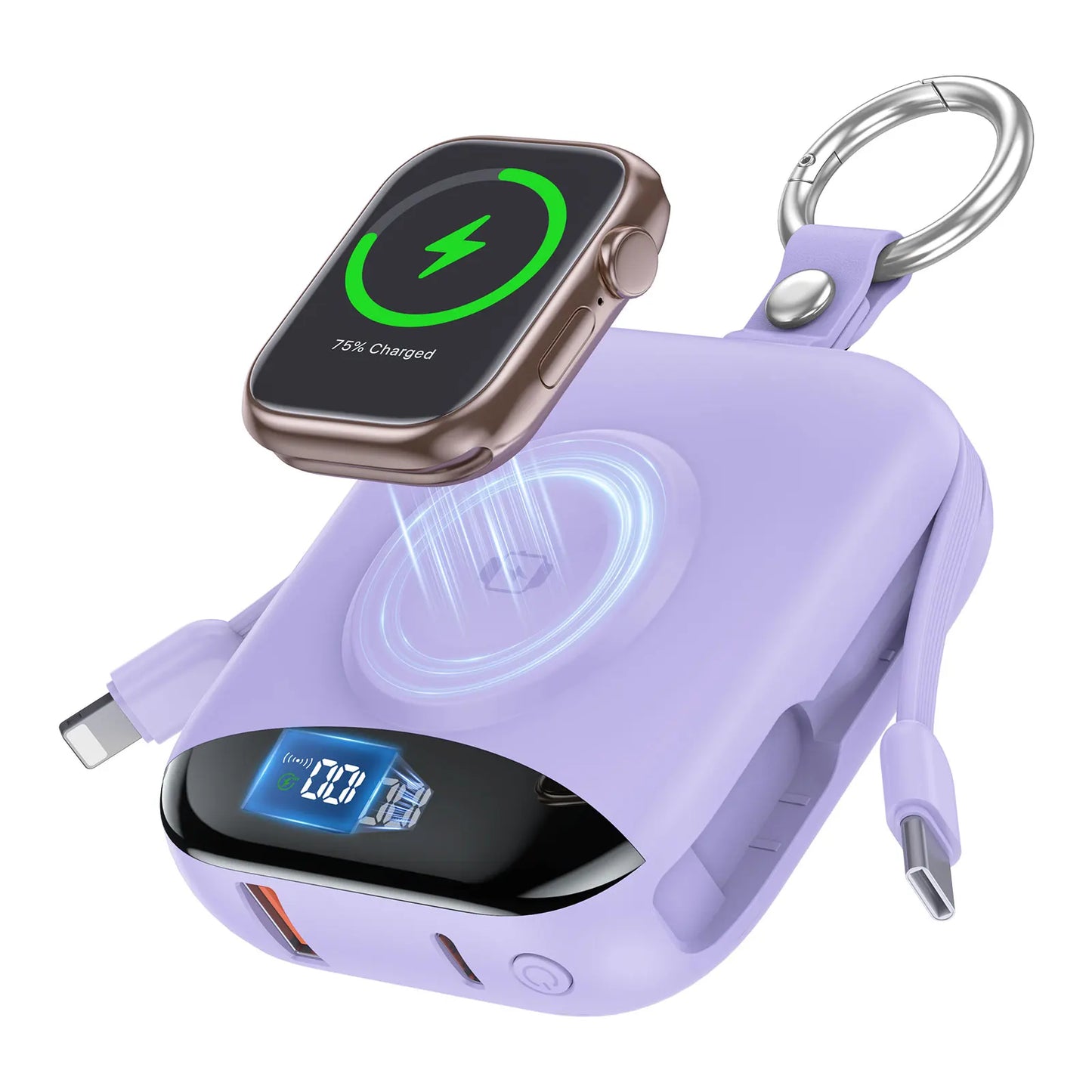 10000mAh 22.5W Fast Charging Power Bank with Built-in Cables, 4-in-1 Portable Charger with LED Display & Keychain for iWatch