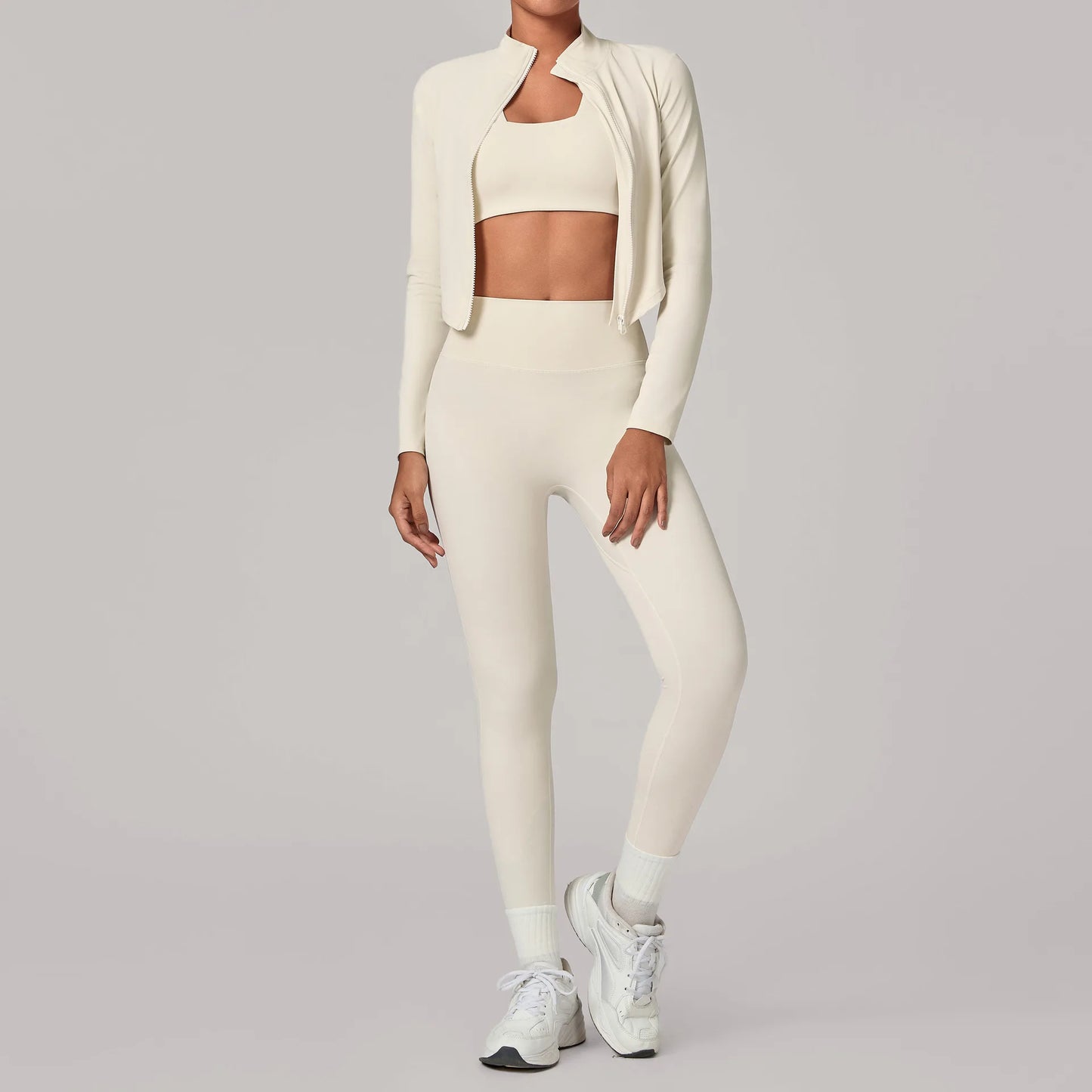 Women's Gym Workout Zipper Long Sleeved Jacket Yoga Sets Windproof Slim Fit Warm Sports Running Three-Piece Set Coat+bra+pants