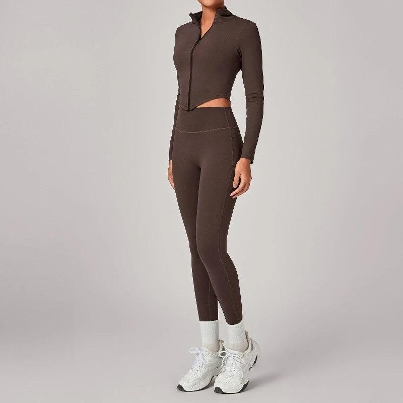 Women's Gym Workout Zipper Long Sleeved Jacket Yoga Sets Windproof Slim Fit Warm Sports Running Three-Piece Set Coat+bra+pants