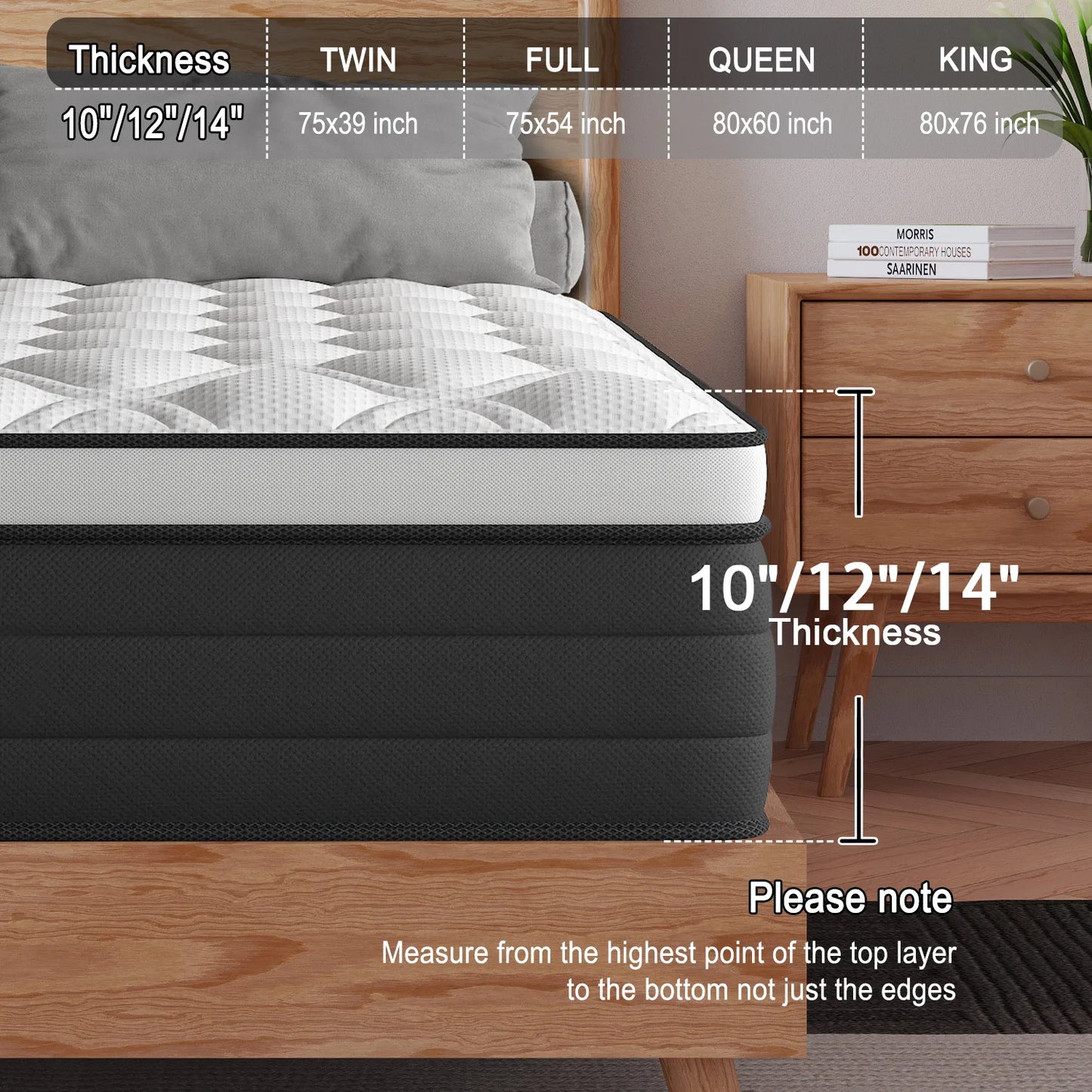 12 Inch Twin Full King Queen Mattress in A Box, Hybrid Memory Mattresses Euro Top Medium Firm for Back & Lumbar Support