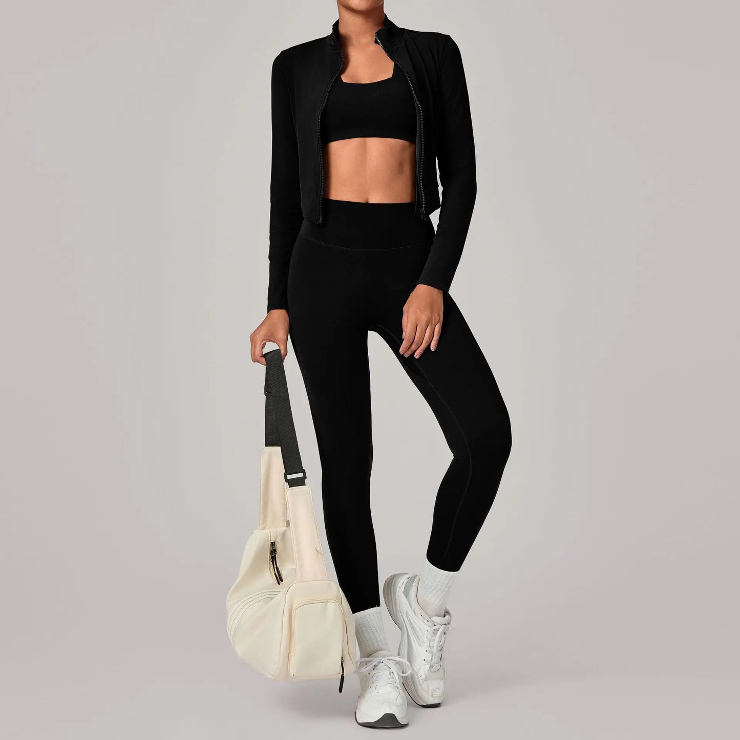 Women's Gym Workout Zipper Long Sleeved Jacket Yoga Sets Windproof Slim Fit Warm Sports Running Three-Piece Set Coat+bra+pants