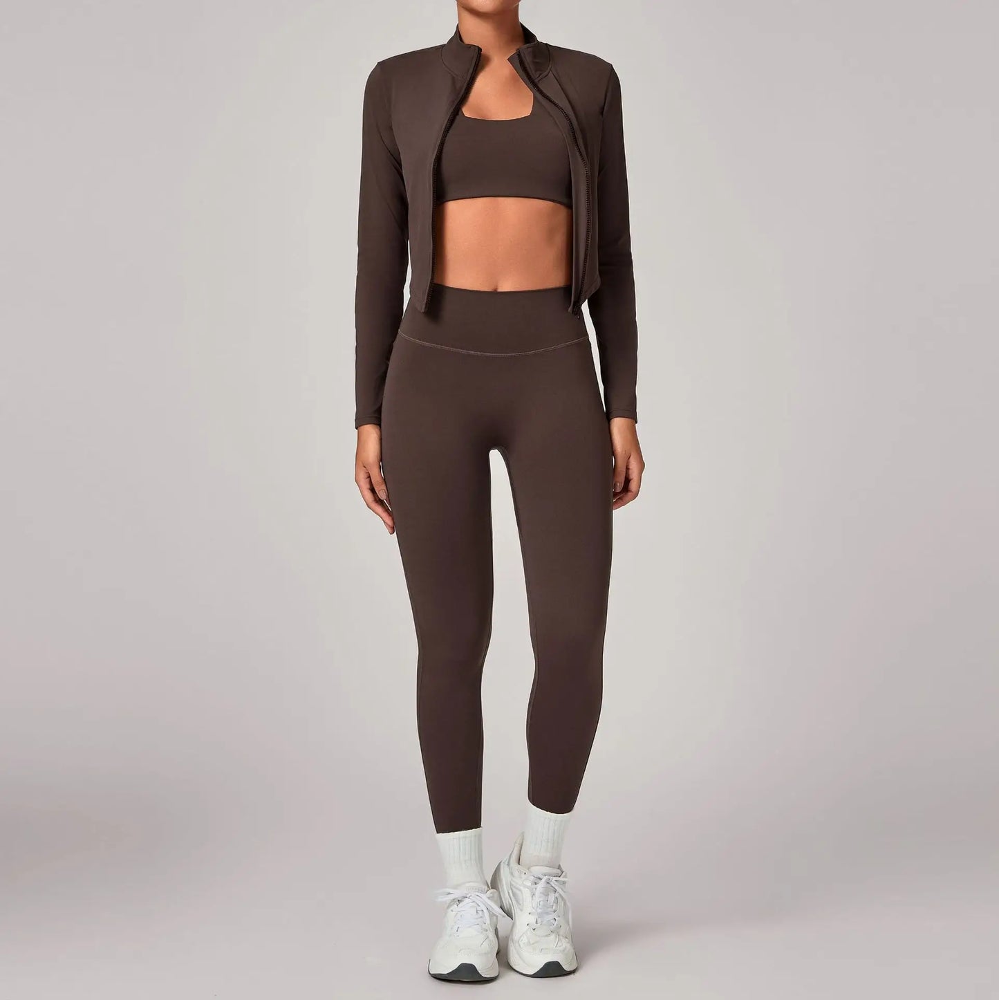 Women's Gym Workout Zipper Long Sleeved Jacket Yoga Sets Windproof Slim Fit Warm Sports Running Three-Piece Set Coat+bra+pants