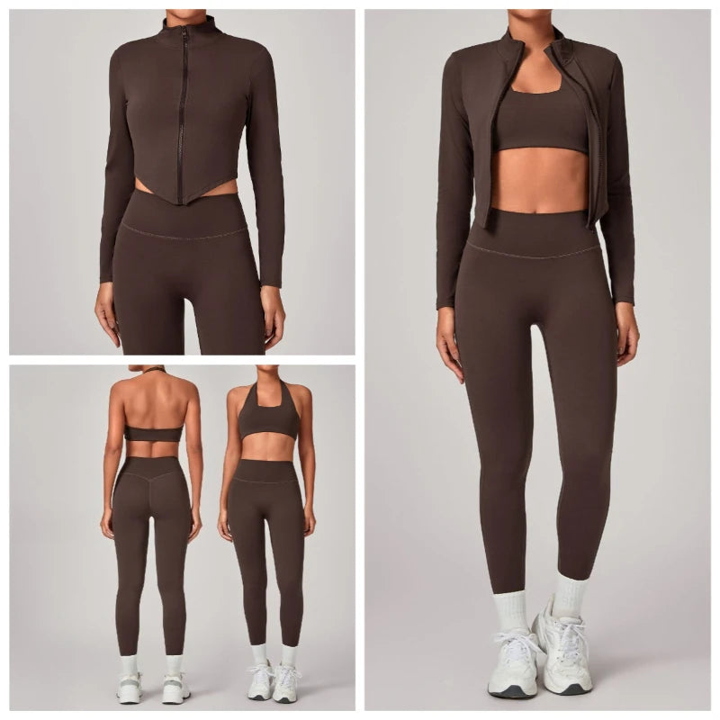 Women's Gym Workout Zipper Long Sleeved Jacket Yoga Sets Windproof Slim Fit Warm Sports Running Three-Piece Set Coat+bra+pants