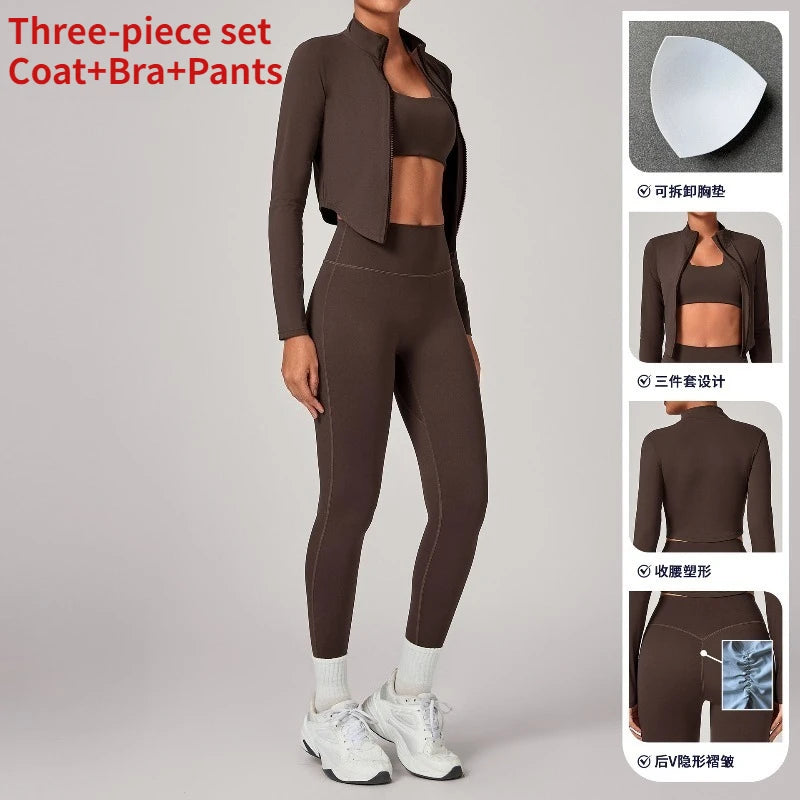 Women's Gym Workout Zipper Long Sleeved Jacket Yoga Sets Windproof Slim Fit Warm Sports Running Three-Piece Set Coat+bra+pants