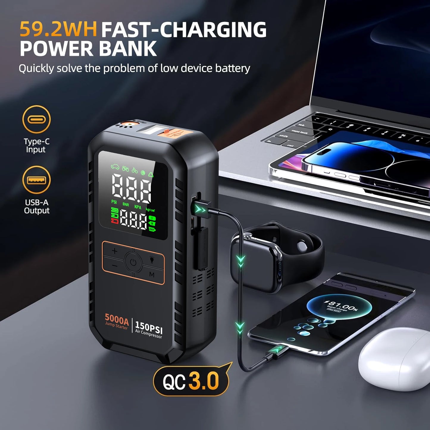 4-IN-1 Car Jump Starter with Air Compressor Peak 5000A Auto Battery Booster 150PSI Air Pump Portable Power Bank Tire Inflator