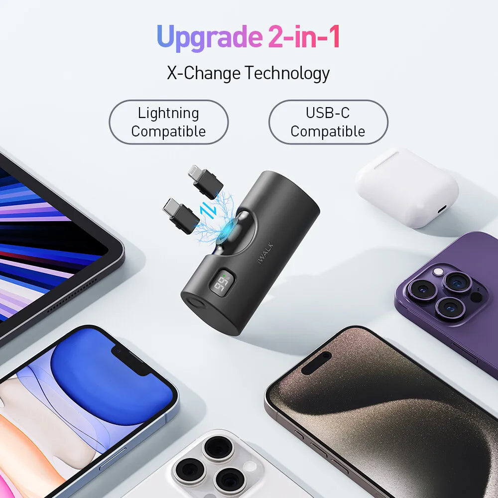 iWALK 5000mAh Mini Power Bank - Lipstick - Sized, 2 - in - 1 for Lightning & USB - C