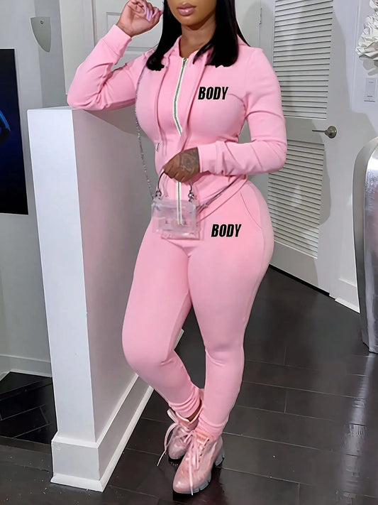 Pink Zipper Hoodie and Sweatpants Set for Women Letter Printed Jogger