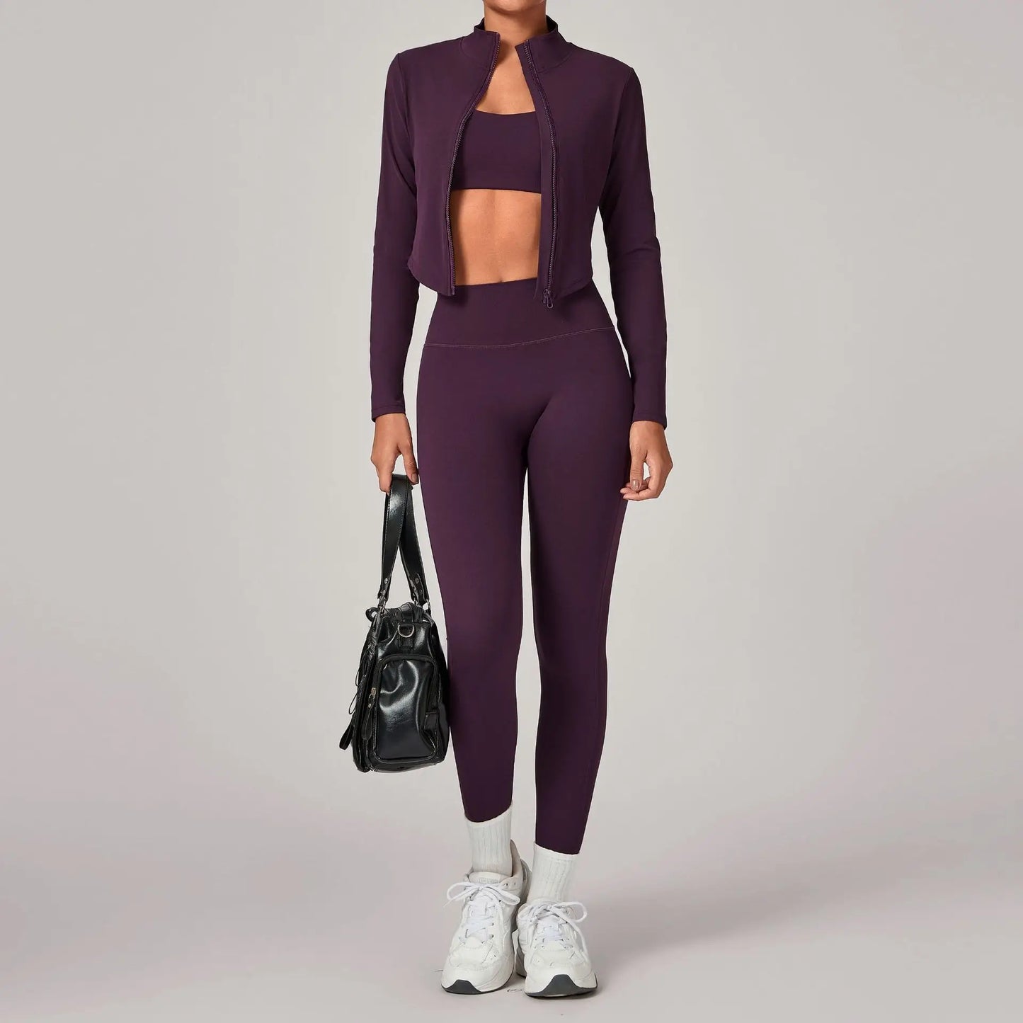 Women's Gym Workout Zipper Long Sleeved Jacket Yoga Sets Windproof Slim Fit Warm Sports Running Three-Piece Set Coat+bra+pants