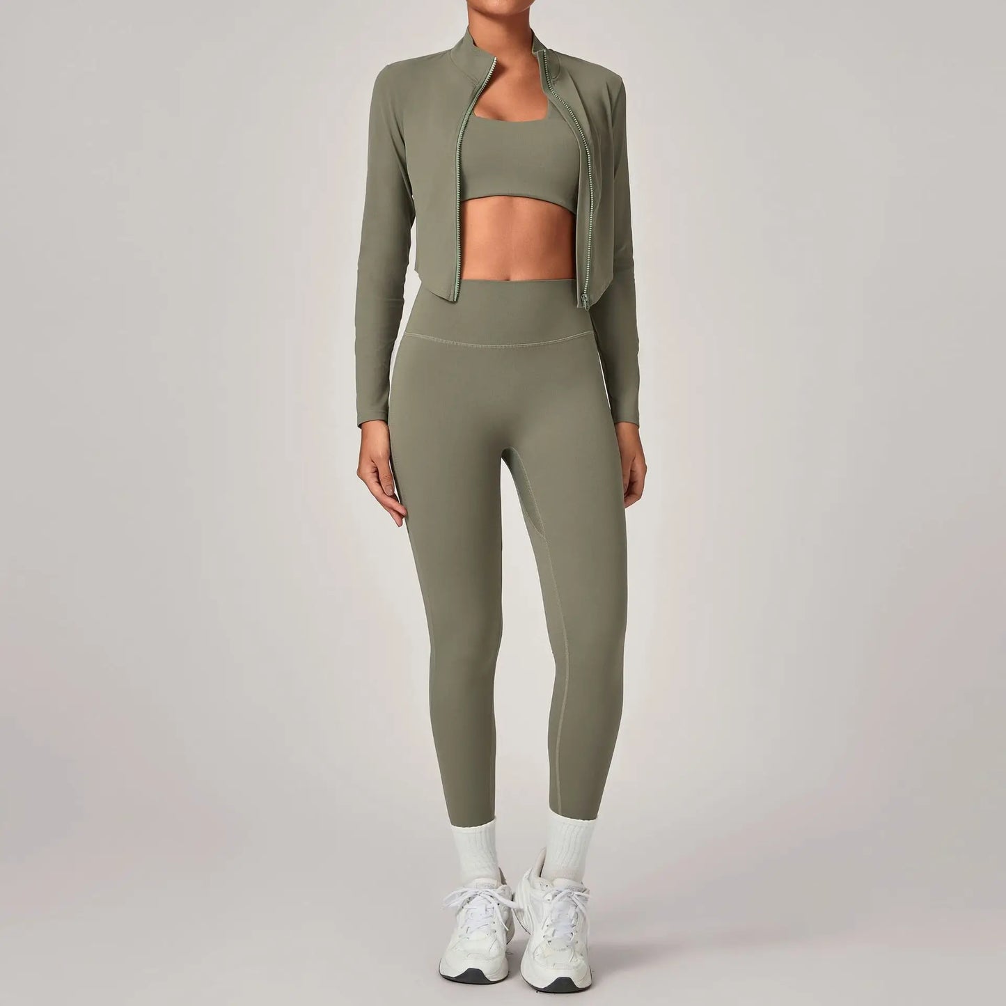 Women's Gym Workout Zipper Long Sleeved Jacket Yoga Sets Windproof Slim Fit Warm Sports Running Three-Piece Set Coat+bra+pants