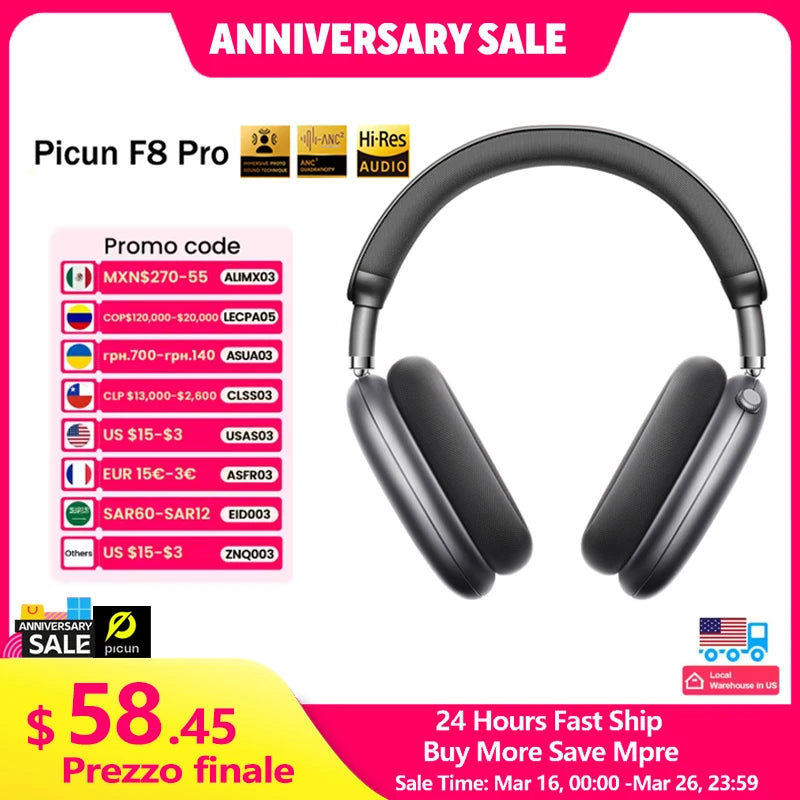 Picun F8 Pro ANC Wireless Headphones Head Tracking 3D Spatial Audio -52dB ANC HIFI Bluetooth Headset ENC HD Mic Low-Latency APP