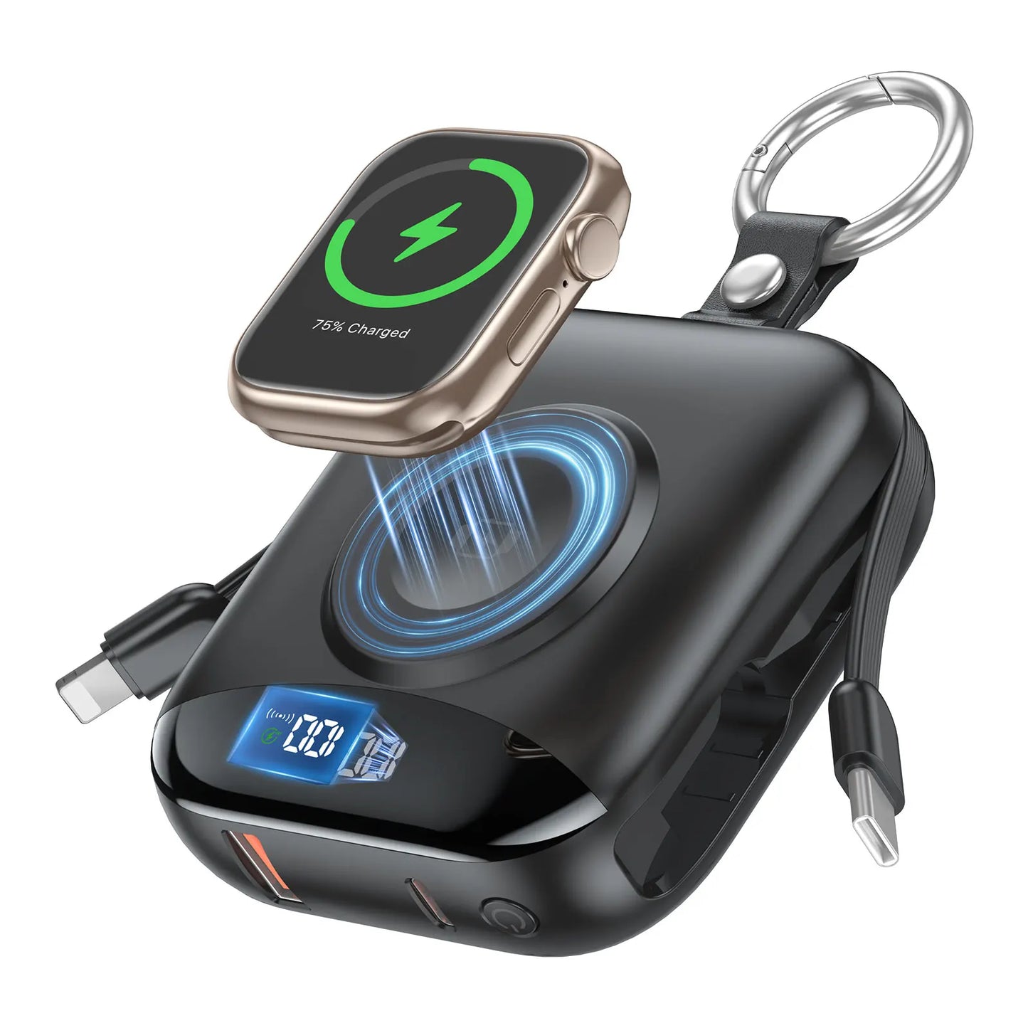 10000mAh 22.5W Fast Charging Power Bank with Built-in Cables, 4-in-1 Portable Charger with LED Display & Keychain for iWatch