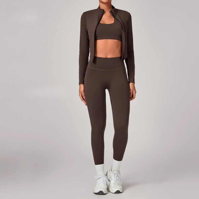 Women's Gym Workout Zipper Long Sleeved Jacket Yoga Sets Windproof Slim Fit Warm Sports Running Three-Piece Set Coat+bra+pants