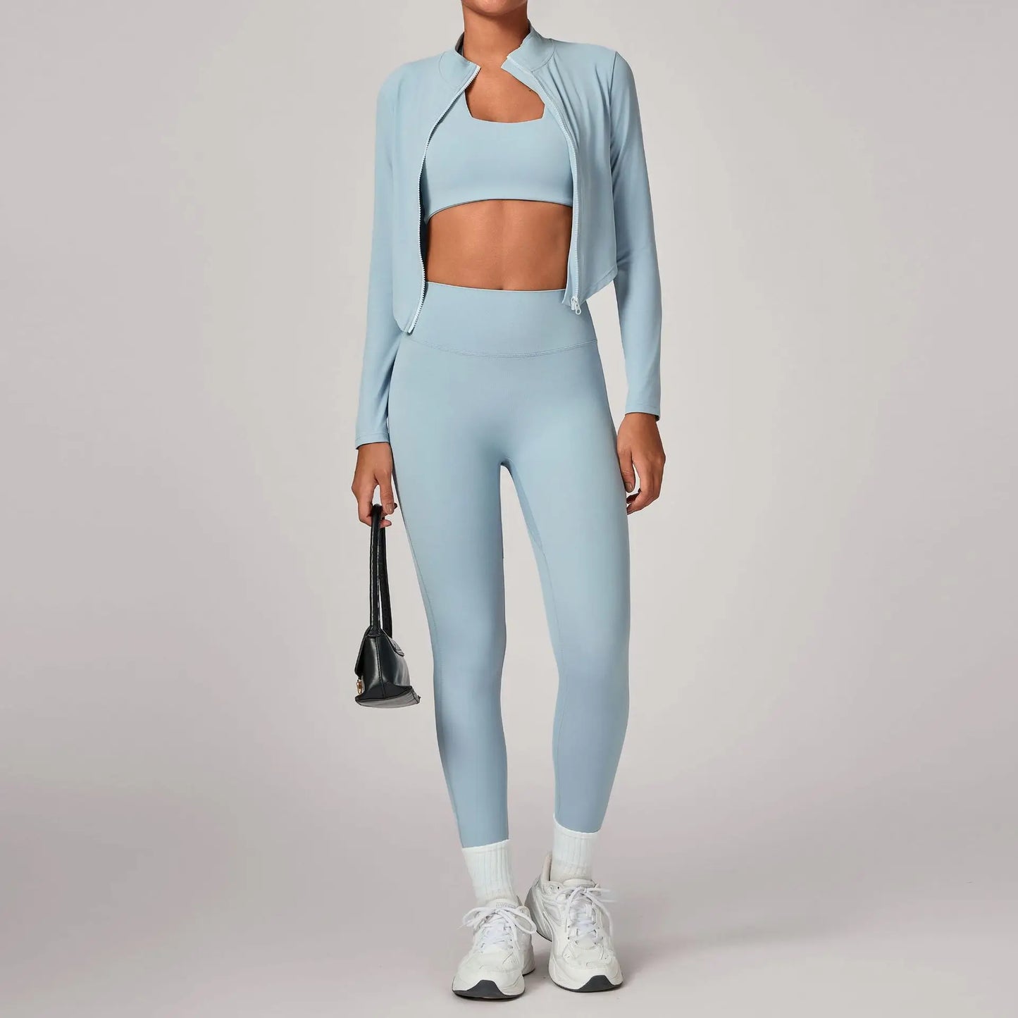 Women's Gym Workout Zipper Long Sleeved Jacket Yoga Sets Windproof Slim Fit Warm Sports Running Three-Piece Set Coat+bra+pants