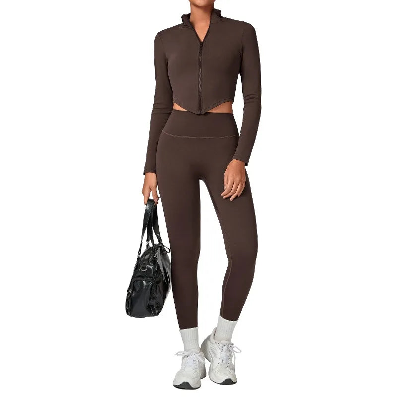 Women's Gym Workout Zipper Long Sleeved Jacket Yoga Sets Windproof Slim Fit Warm Sports Running Three-Piece Set Coat+bra+pants